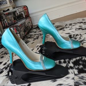 Turquoise satin Swarovski pumps